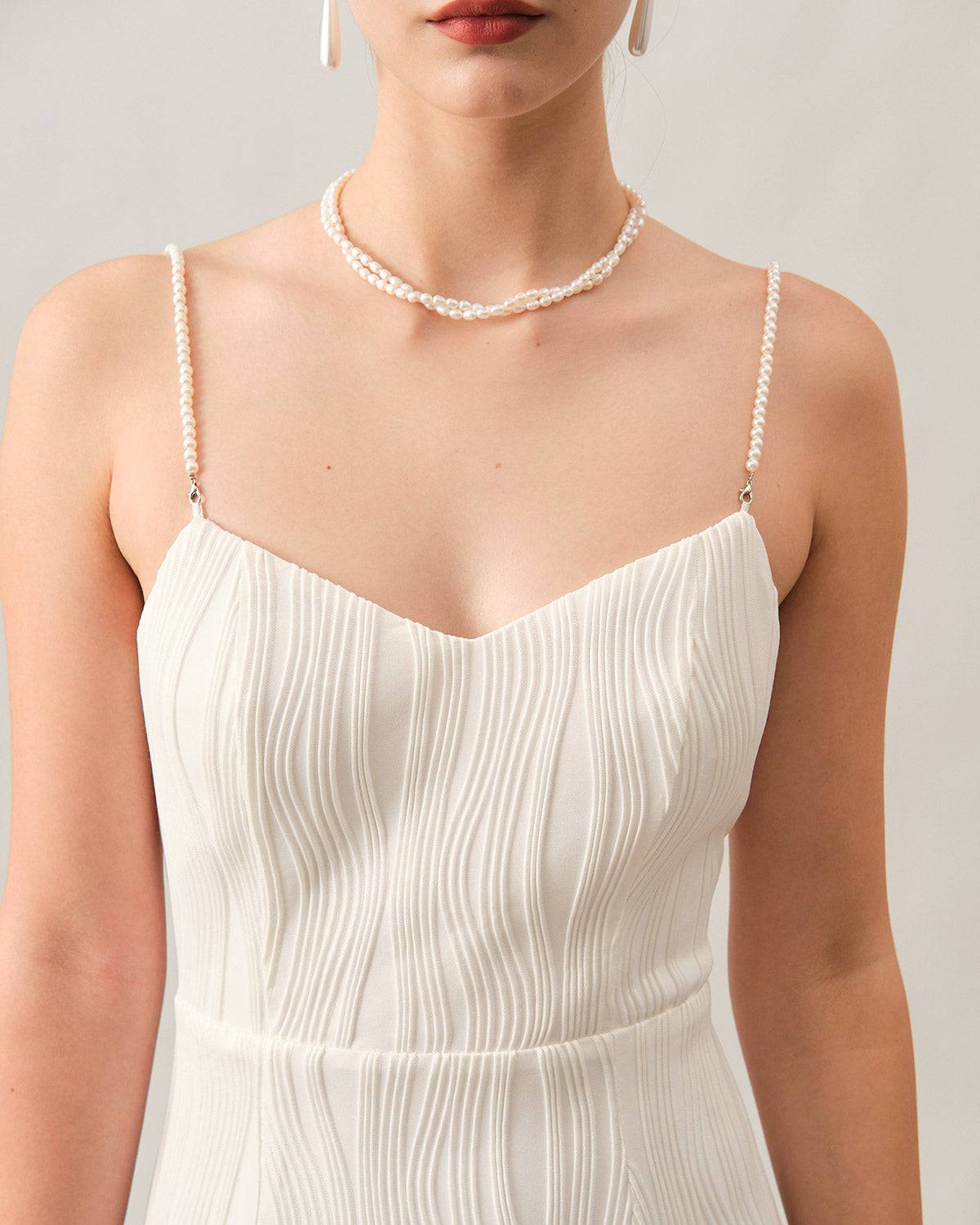 Wave-Texture Pearl-Strap Midi Dress