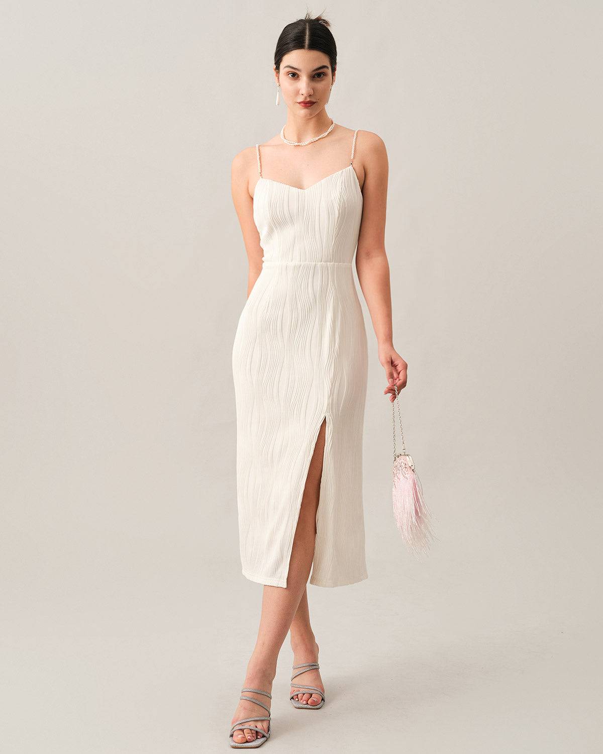 Wave-Texture Pearl-Strap Midi Dress