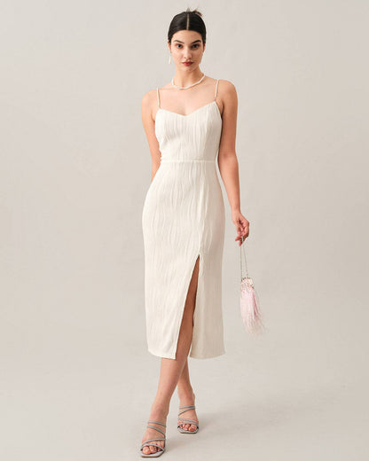 Wave-Texture Pearl-Strap Midi Dress