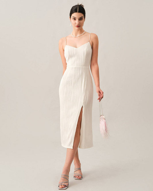 Wave-Texture Pearl-Strap Midi Dress