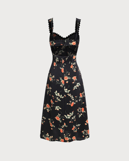 Black Floral Maxi Dress with Ruffles and Spaghetti Straps
